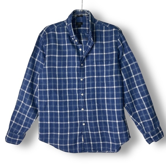 J Crew Mens Shirt Sz L Linen Button Up Plaid Blue Coastal Western Lightweight - Picture 1 of 12